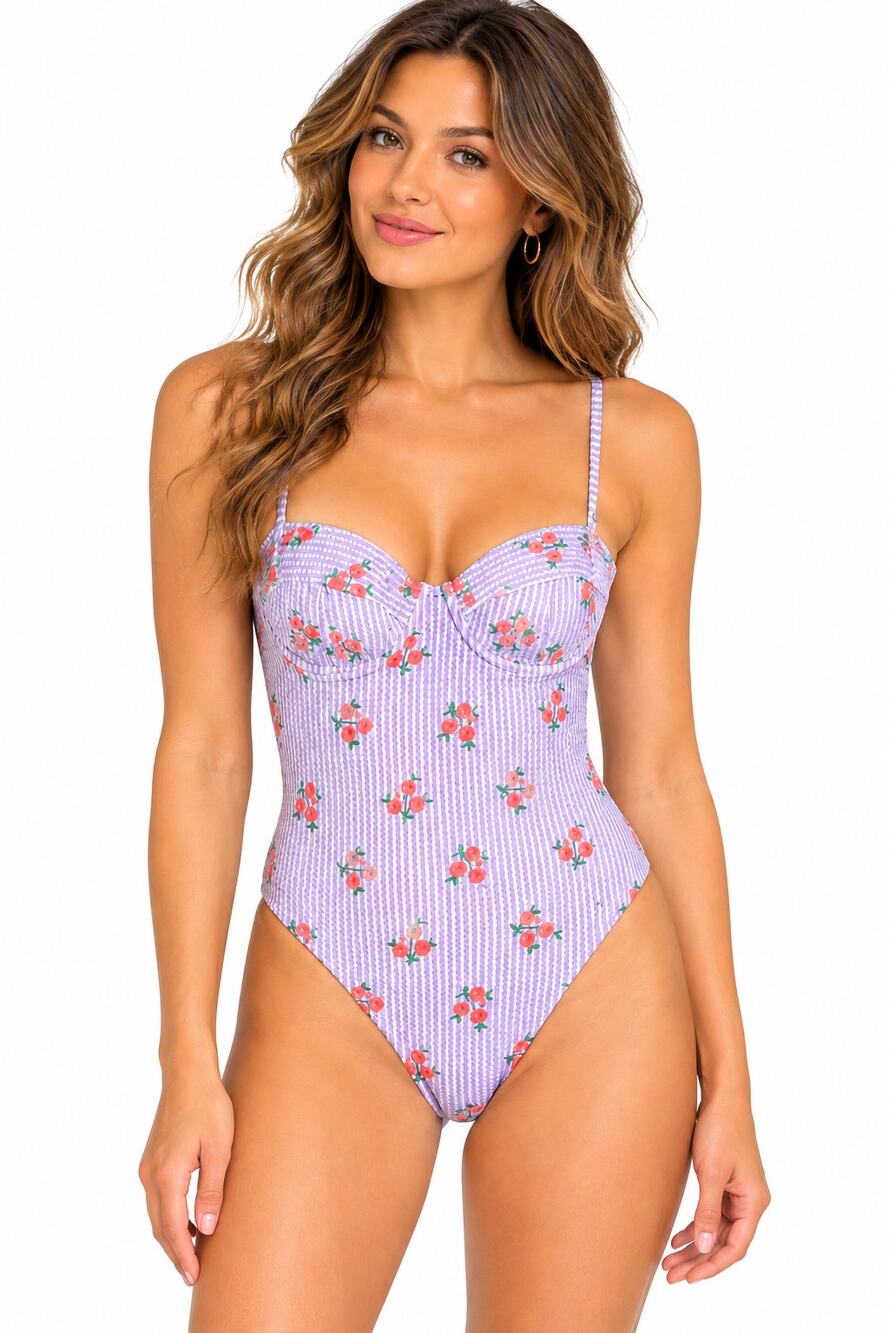 J.Crew Size 6 Floral Seersucker Underwire One Piece Swimsuit Purple